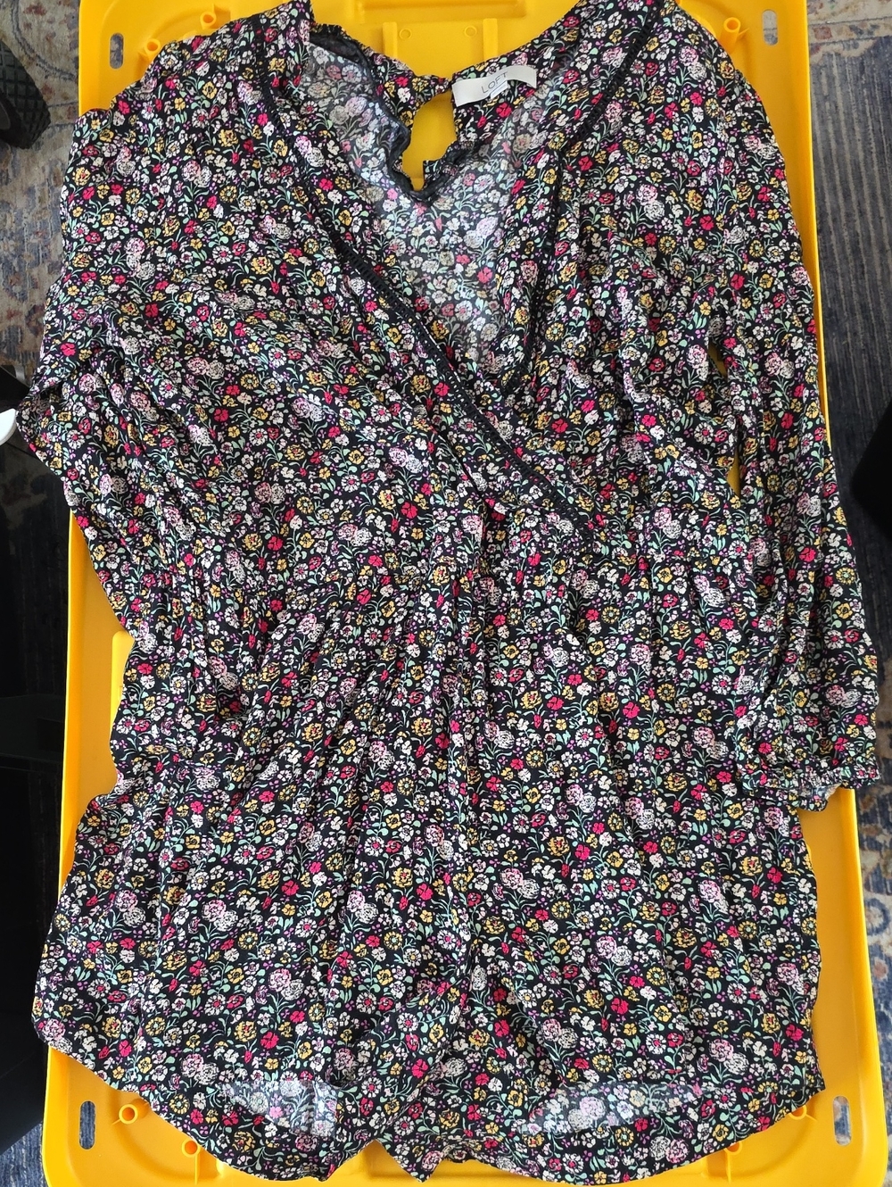 Floral Wrap-Style Women's Romper in Black with Pink & Yellow Accents